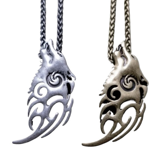 Norse Legacy Howling Wolf Fish Pendant Necklace - Men's Viking Werewolf Celtic Jewelry