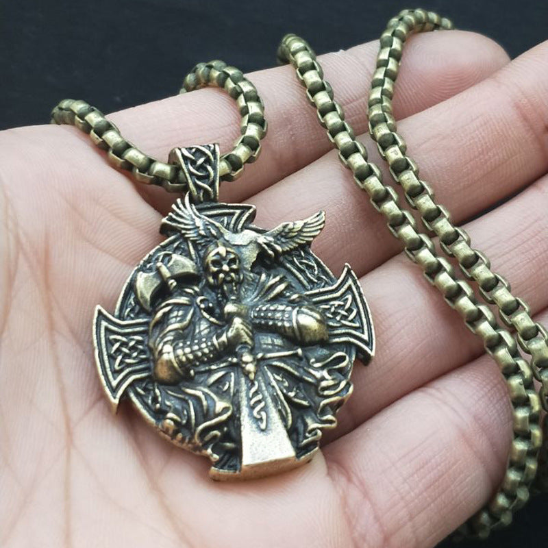 Norse Legacy: Viking Odin Necklace with Pagan Man Pendant and Cross Crow Pendant