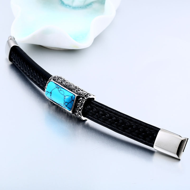 Men's Retro Titanium Steel and Turquoise Leather Bracelet - Customizable Statement Accessory