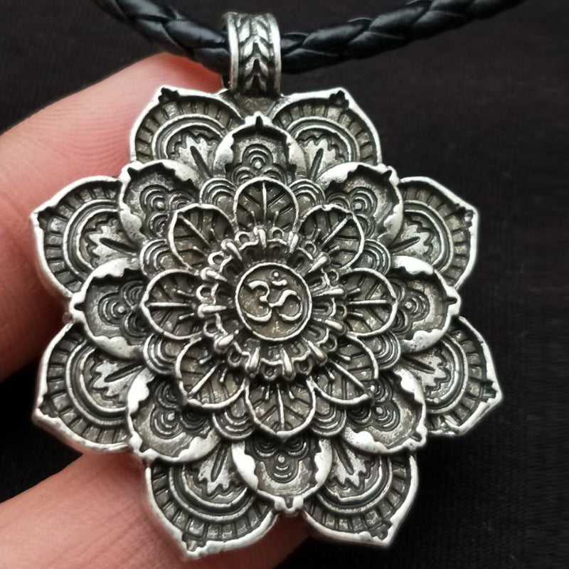 Mandala Flower Double-Sided Pendant Necklace with Spiritual Symbolism