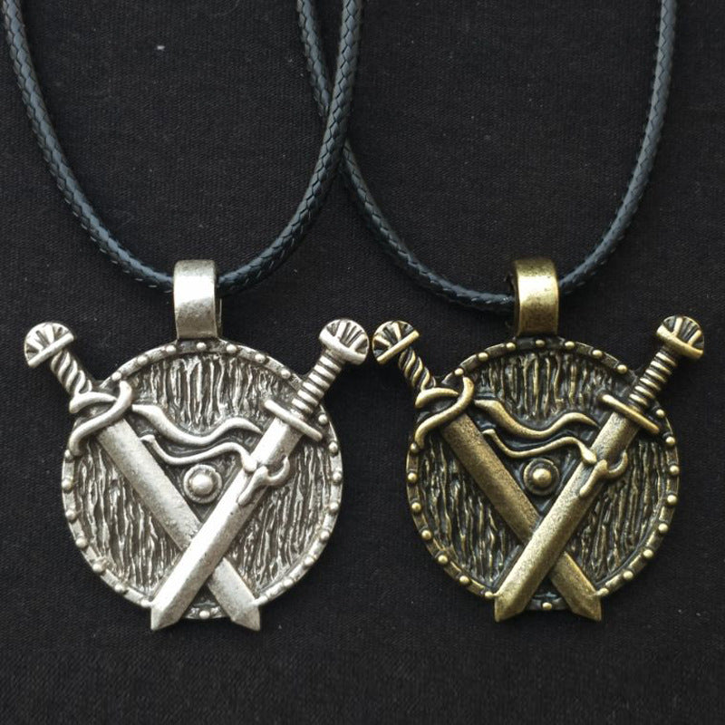 Viking Heritage Double Sword Totem Pendant Necklace - Men's Medieval Jewelry