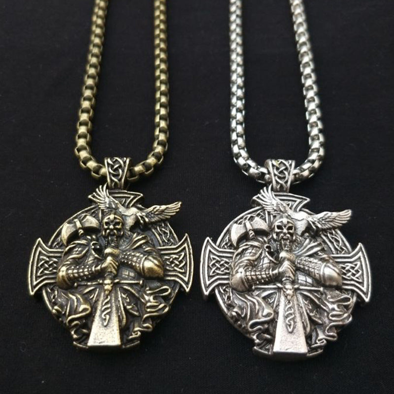 Norse Legacy: Viking Odin Necklace with Pagan Man Pendant and Cross Crow Pendant