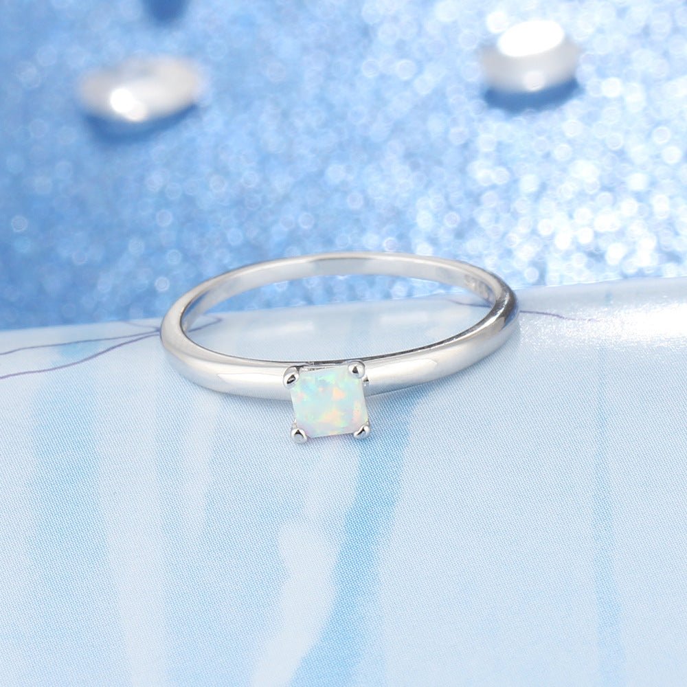 Simple Four Prongs Square Opal Sterling Silver Ring