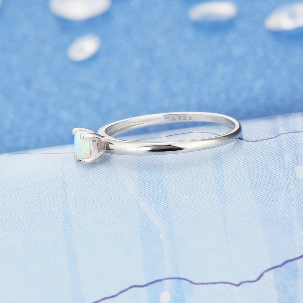 Simple Four Prongs Square Opal Sterling Silver Ring