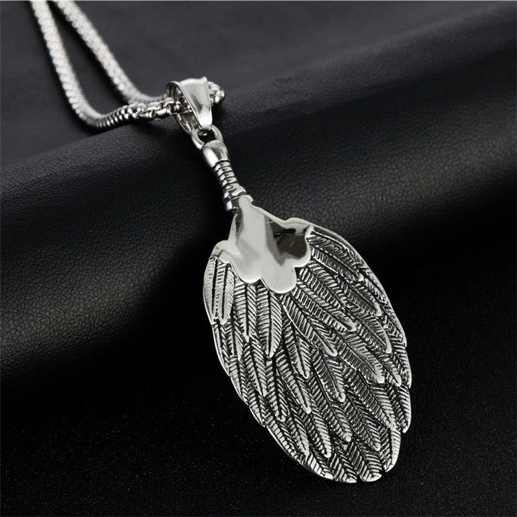 Titanium Steel Feather Pendant Necklace for Men - Retro Punk Style Tai Chi Baga Kongming Fan Design