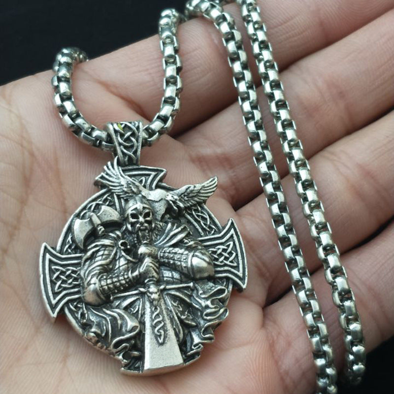 Norse Legacy: Viking Odin Necklace with Pagan Man Pendant and Cross Crow Pendant