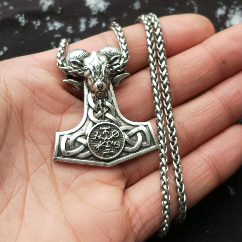 Mythical Viking Hammer Pendant Necklace with Compass Rune Engravings