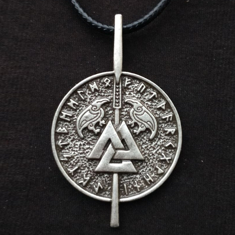 Viking Odin's Spear Rune Pendant - Men's Nordic Mythology Necklace with Triangular Knot Ornament