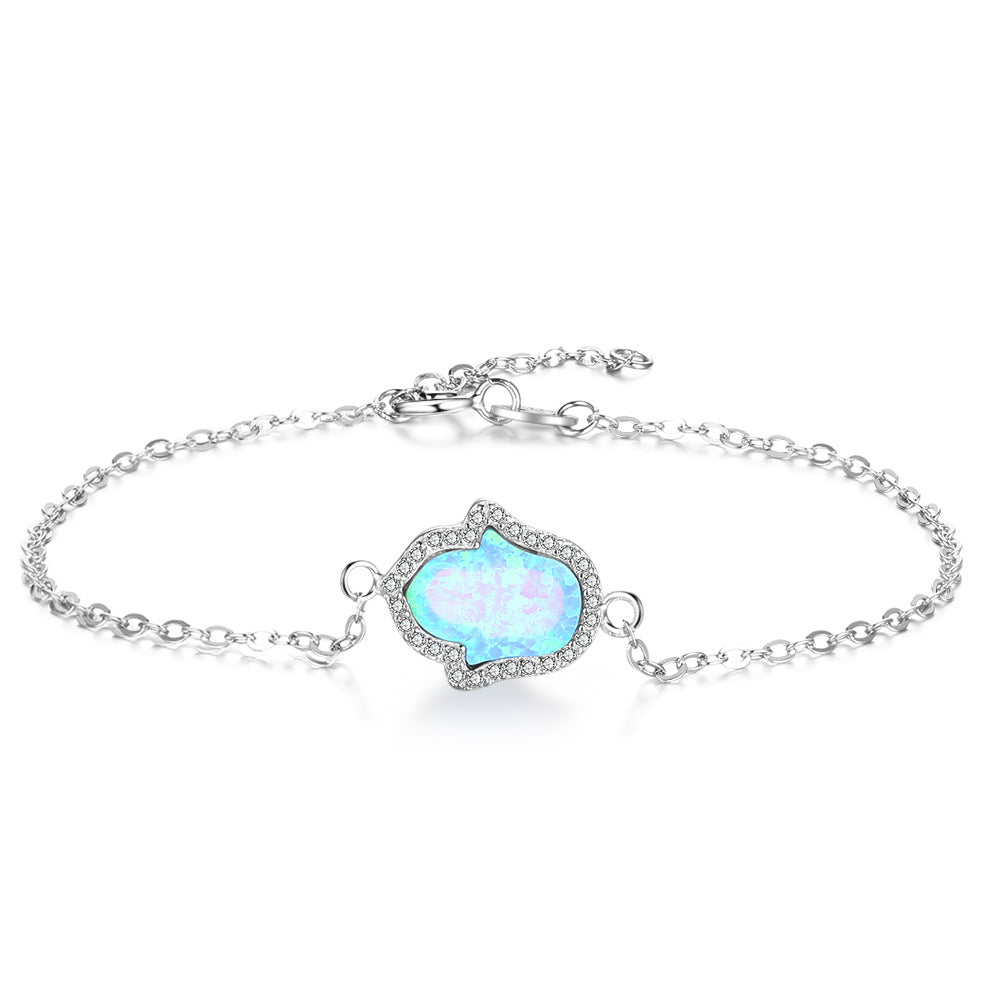 Blue Opal Palm Zircon Soleste Halo Sterling Silver Bracelet