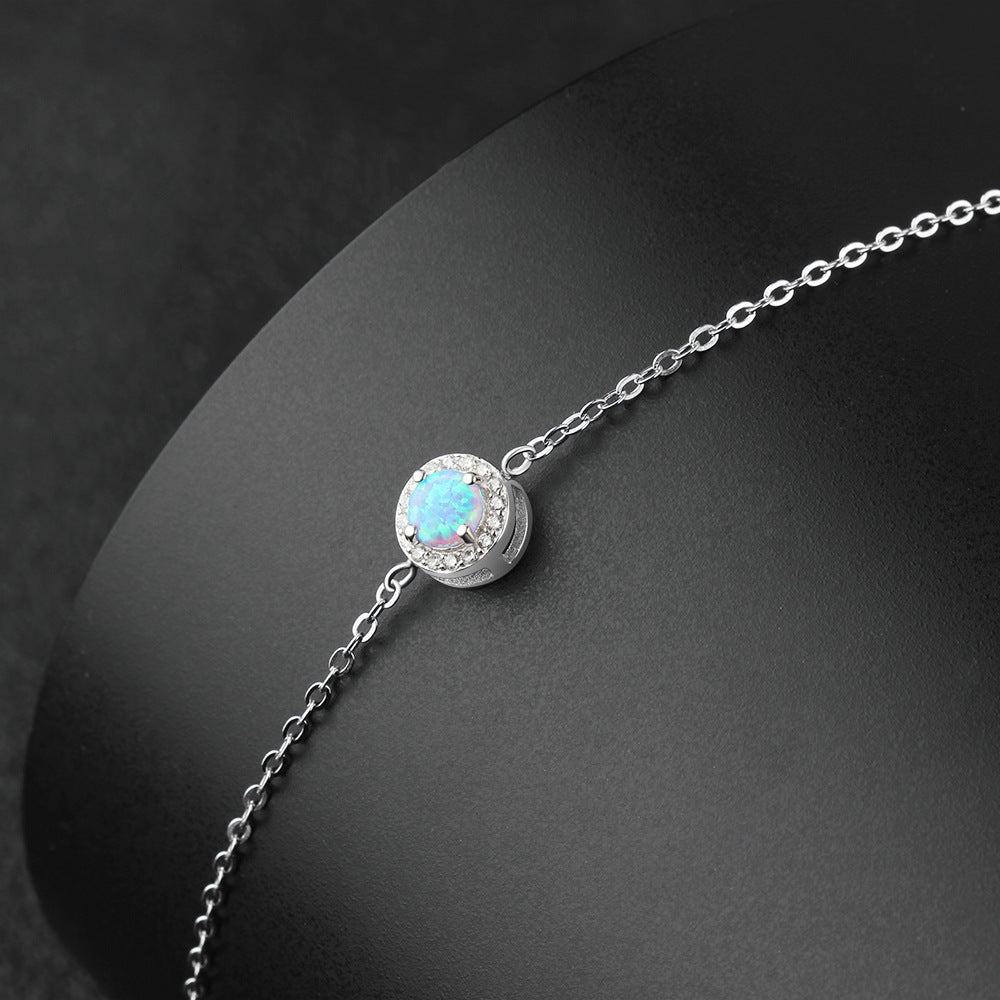 Blue Round Opal Zircon Soleste Halo Sterling Silver Bracelet