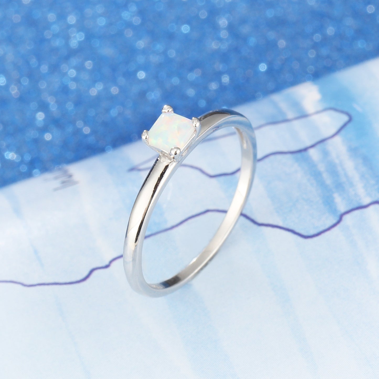 Simple Four Prongs Square Opal Sterling Silver Ring