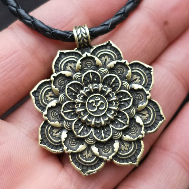 Mandala Flower Double-Sided Pendant Necklace with Spiritual Symbolism