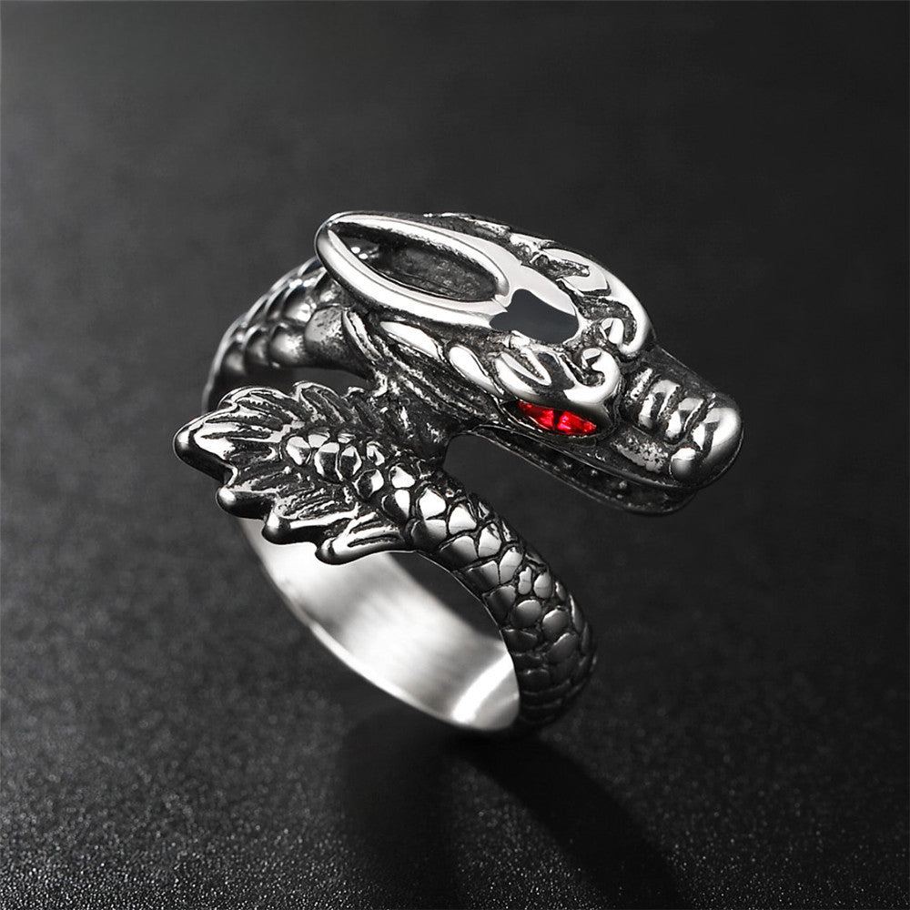 Red Eye Zircon Chinese Dragon Titanium Steel Ring for Men