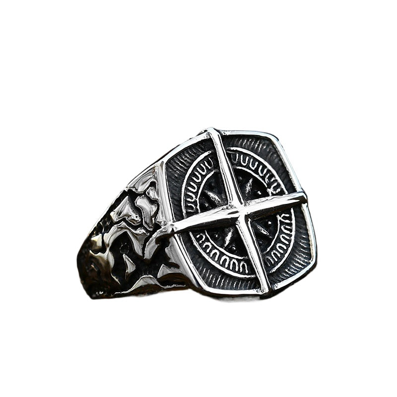 Titanium Steel Navigational Compass Ring for Men - Nautical Inspired Stainless Steel Anchor Design