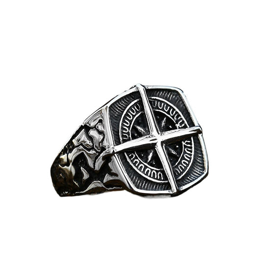 Titanium Steel Navigational Compass Ring for Men - Nautical Inspired Stainless Steel Anchor Design