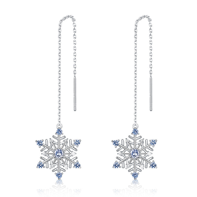 Romantic Blue Spinel Zircon Hexagonal Snowflake Ear Line Sterling Silver Earrings