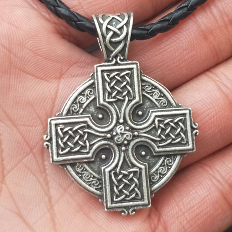 Viking Irish Cross Amulet Pendant with Solar-Powered Celtic Druid Necklace for Men