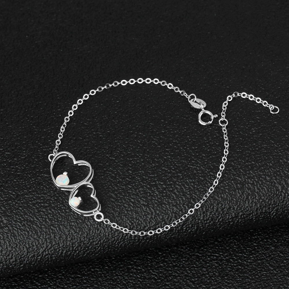 Round Opal Double Hollow Heart Shape Sterling Silver Bracelet