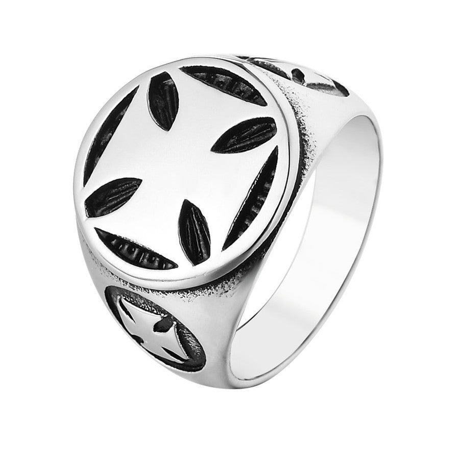 Teutonic Cross Round Titanium Steel Ring for Men