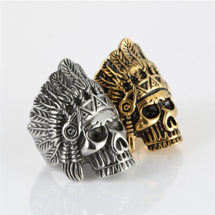 Titanium Steel Indian Skull Ring - Retro Punk Statement Piece for Men and Women