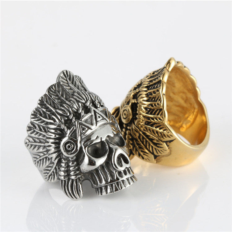 Titanium Steel Indian Skull Ring - Retro Punk Statement Piece for Men and Women