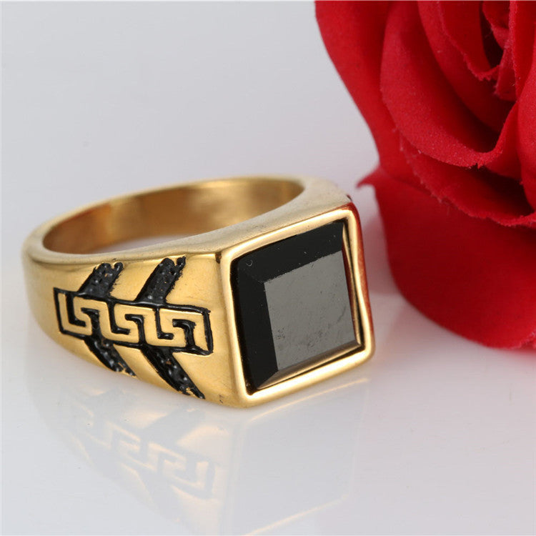 Titanium Steel Black Agate Great Wall Pattern Ring - Retro Punk Square Gemstone Ring for Men