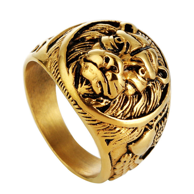 Titanium Steel Retro Punk Lion Emblem Ring for Men - Trendy Square Design