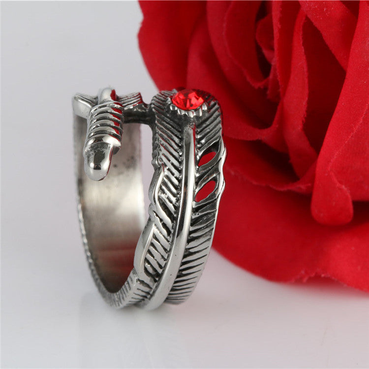 Chic Unisex Takahashi Feather Ring in Durable Titanium Steel - Elegant Zircon Accented Design for Couples