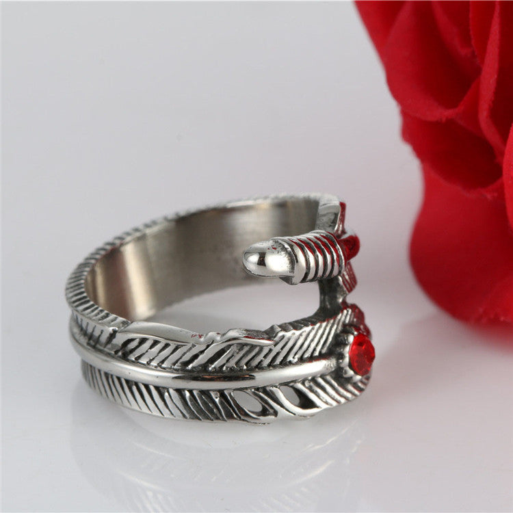 Chic Unisex Takahashi Feather Ring in Durable Titanium Steel - Elegant Zircon Accented Design for Couples