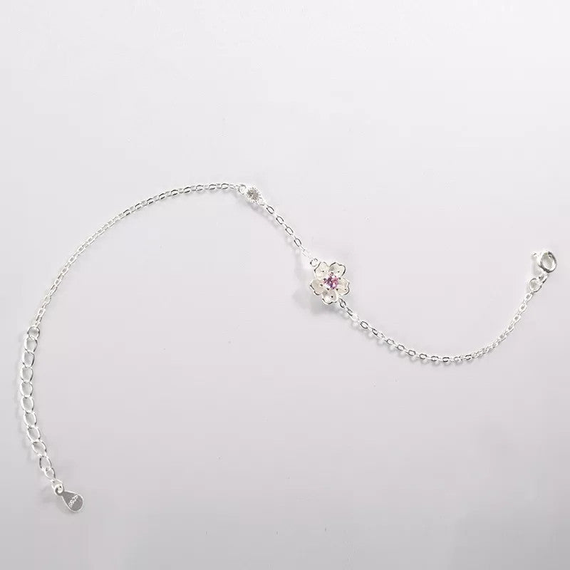 Elegant Sterling Silver Cherry Blossom Bracelet with Pink Crystal for Women's Fashion