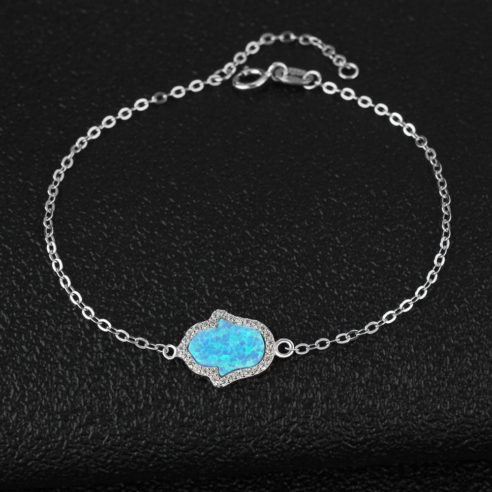 Blue Opal Palm Zircon Soleste Halo Sterling Silver Bracelet