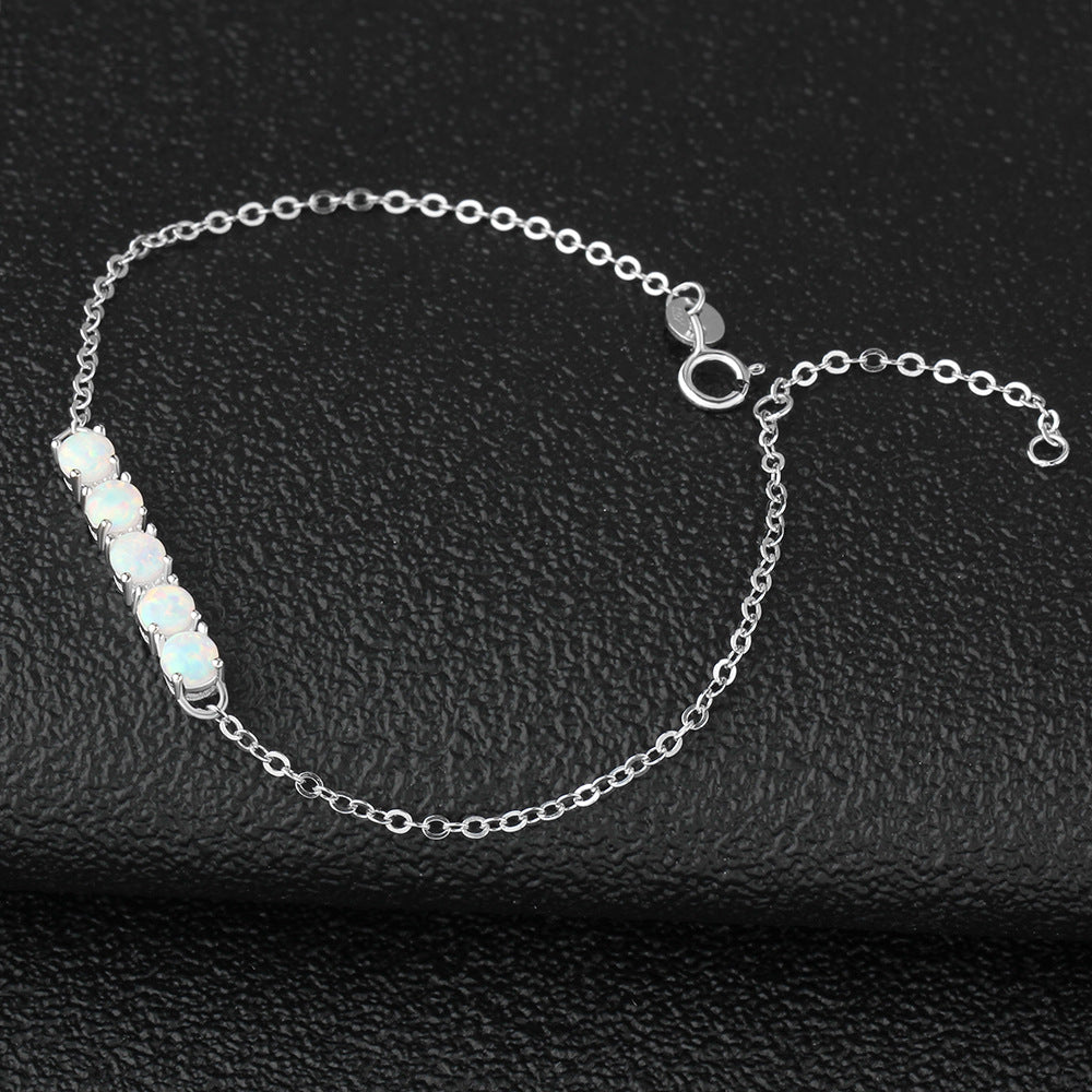 Single Row of Five Round Opal Steling Silver Bracelet