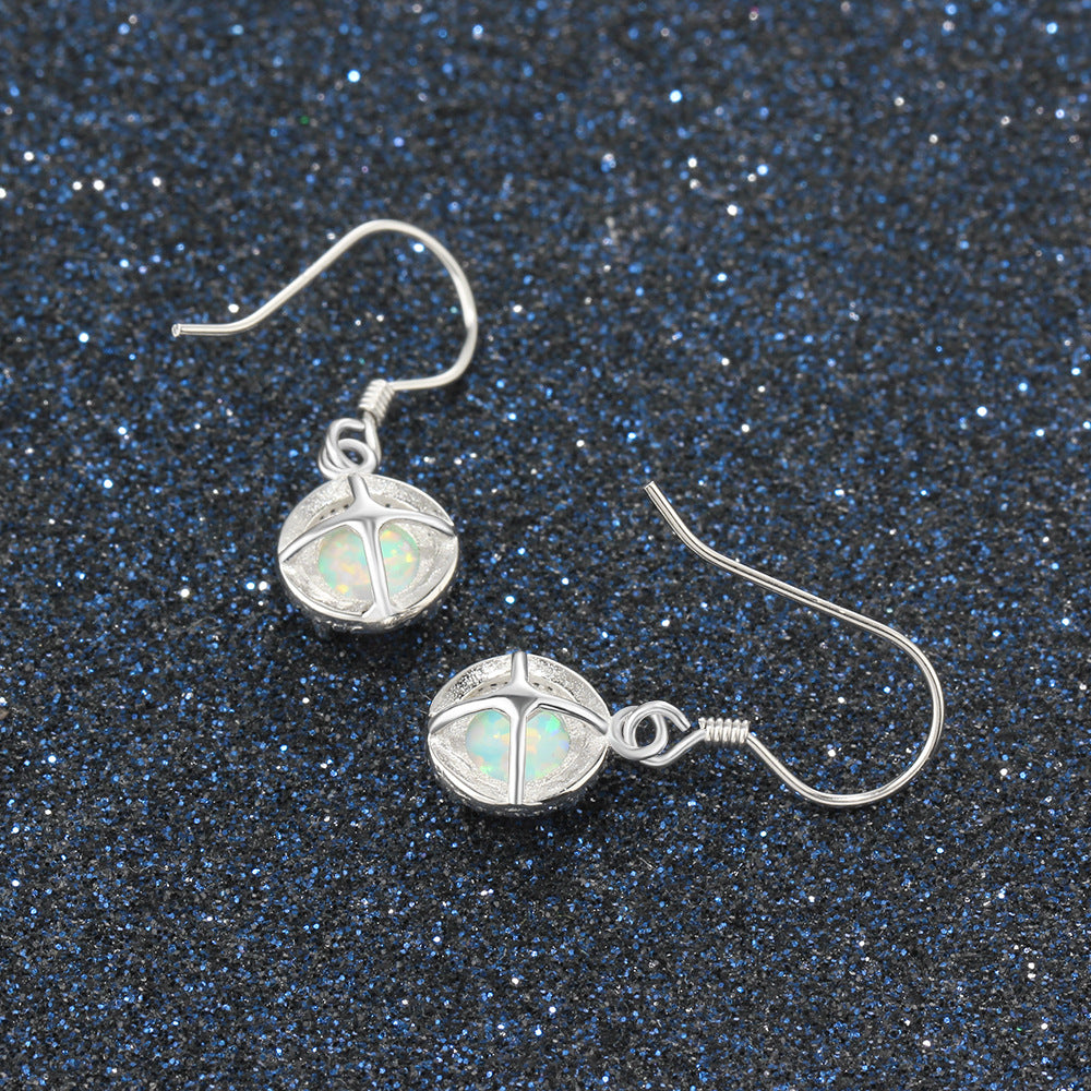 Round Opal Woven Edge Sterling Silver Hook Earrings