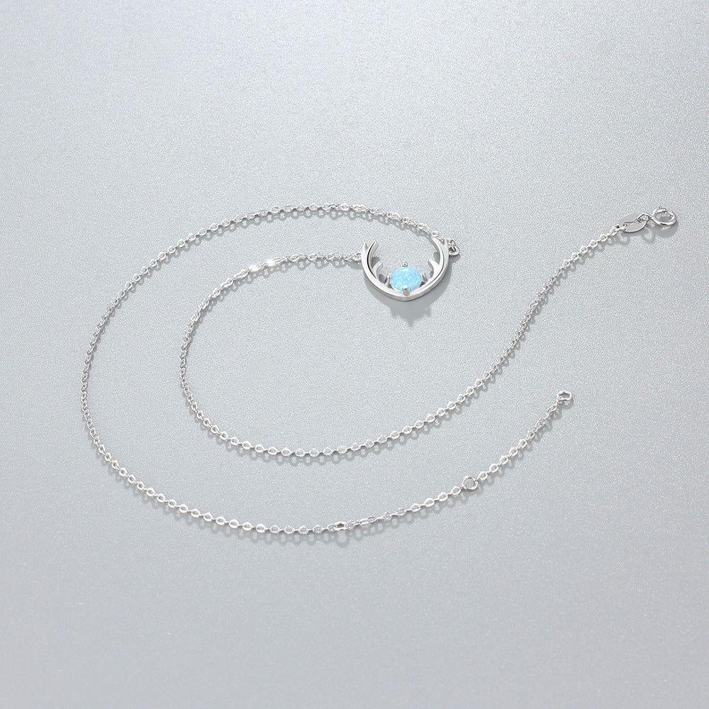 Round Blue Opal Elk Horn Sterling Silver Necklace