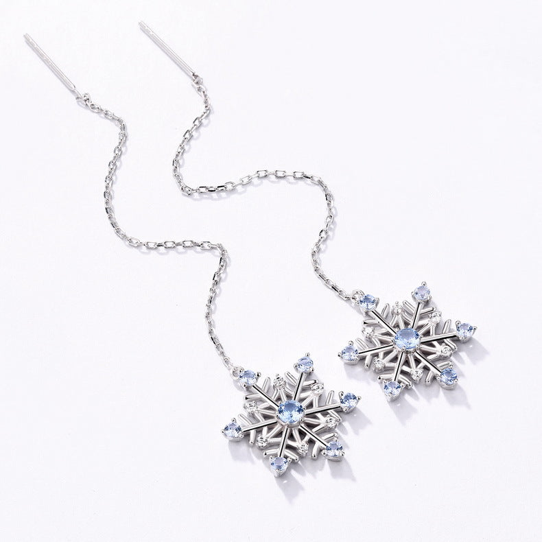 Romantic Blue Spinel Zircon Hexagonal Snowflake Ear Line Sterling Silver Earrings