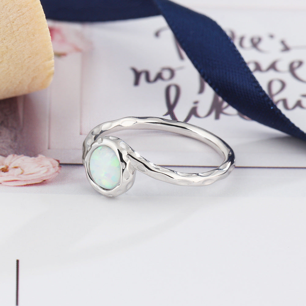 Round Opal Concave Convex Surface Sterling Silver Ring