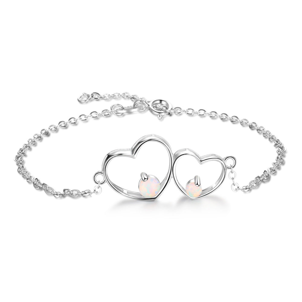 Round Opal Double Hollow Heart Shape Sterling Silver Bracelet