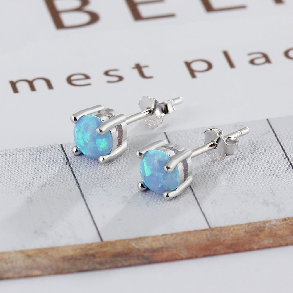 Four Prongs 6mm Blue Round Opal Sterling Silver Stud Earrings