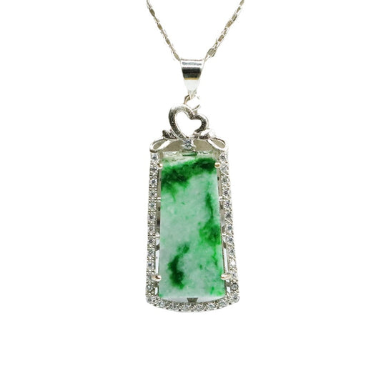 Luxurious Trapezoid Zircon Necklace with Sterling Silver and Natural Jade