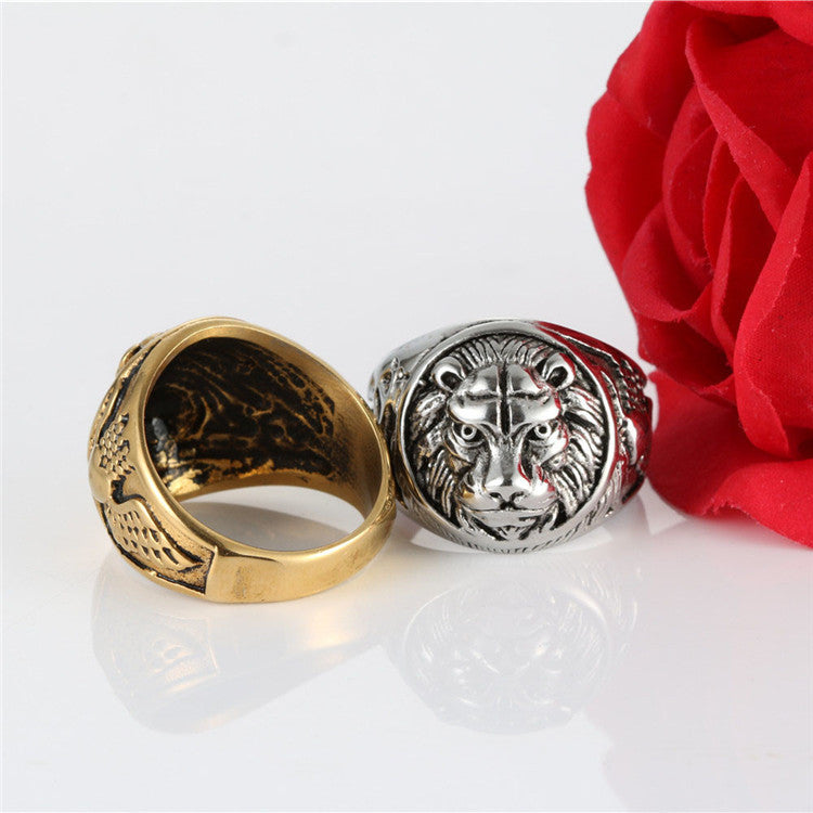 Titanium Steel Retro Punk Lion Emblem Ring for Men - Trendy Square Design