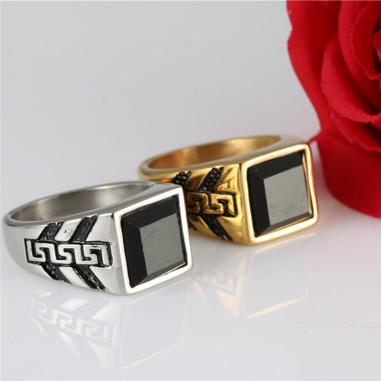 Titanium Steel Black Agate Great Wall Pattern Ring - Retro Punk Square Gemstone Ring for Men