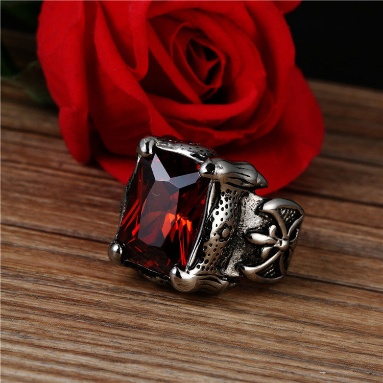 Unisex Vintage Punk Titanium Steel Ring with Red Zircon - Everyday Scout Flower Design