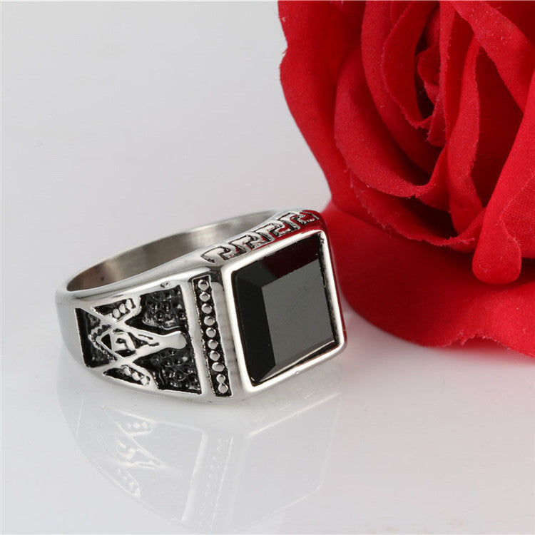 Masonic Vintage Titanium Steel Ring for Men with Black Agate and Great Wall Design