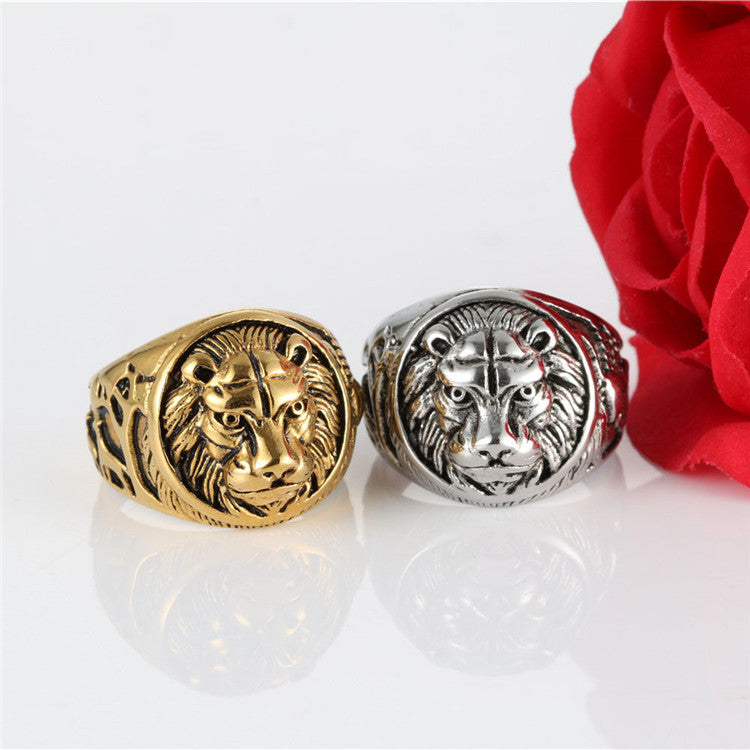 Titanium Steel Retro Punk Lion Emblem Ring for Men - Trendy Square Design