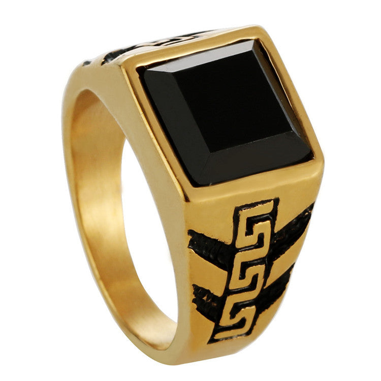 Titanium Steel Black Agate Great Wall Pattern Ring - Retro Punk Square Gemstone Ring for Men