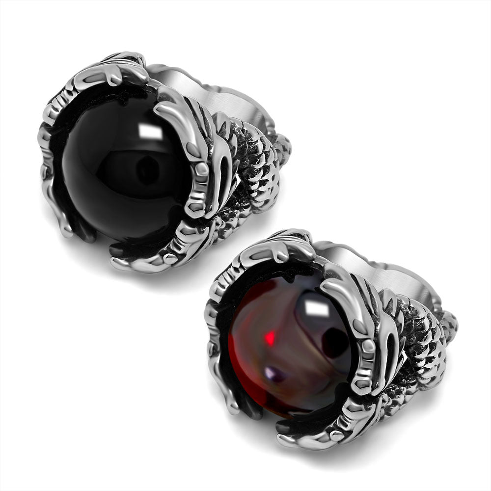 Bold Black and Red Dragonstone Titanium Ring for Men - Trendy Double Bead Design