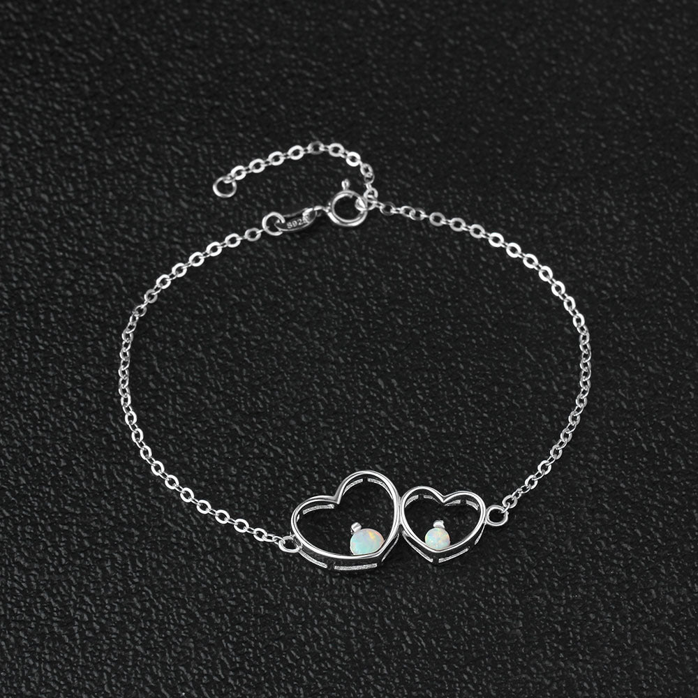 Round Opal Double Hollow Heart Shape Sterling Silver Bracelet