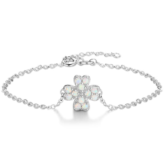 Round Opal Four Leaf Clover Sterling Silver Bracelet