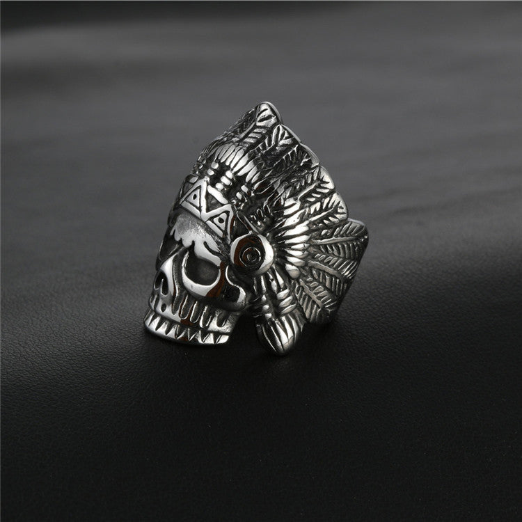 Titanium Steel Retro Punk Skull Ring for Men - Bold Indian Portrait Design