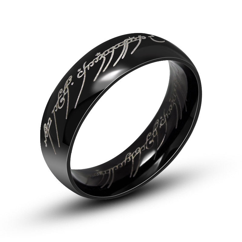 Personalized Gold-Plated Black Titanium Steel Couple Ring with Sanskrit Design for Men